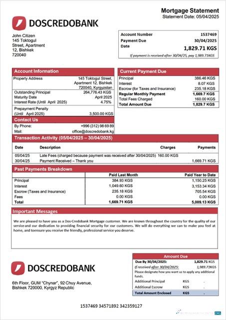 Download Kyrgyzstan Dos Credobank mortgage statement Word and PDF template Photoshop template
